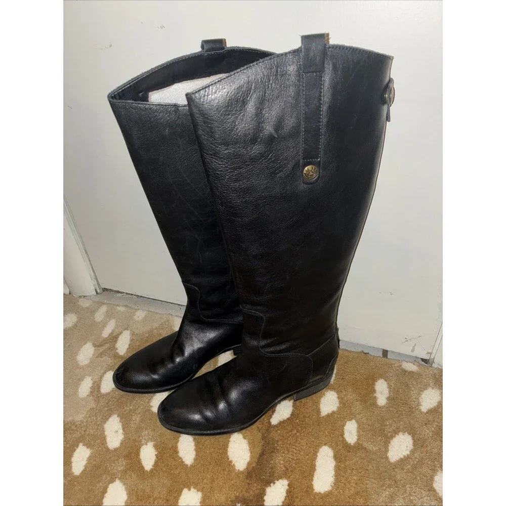Sam Edelman Women’s Black Leather Riding Boots Wide Calf Knee High Zip